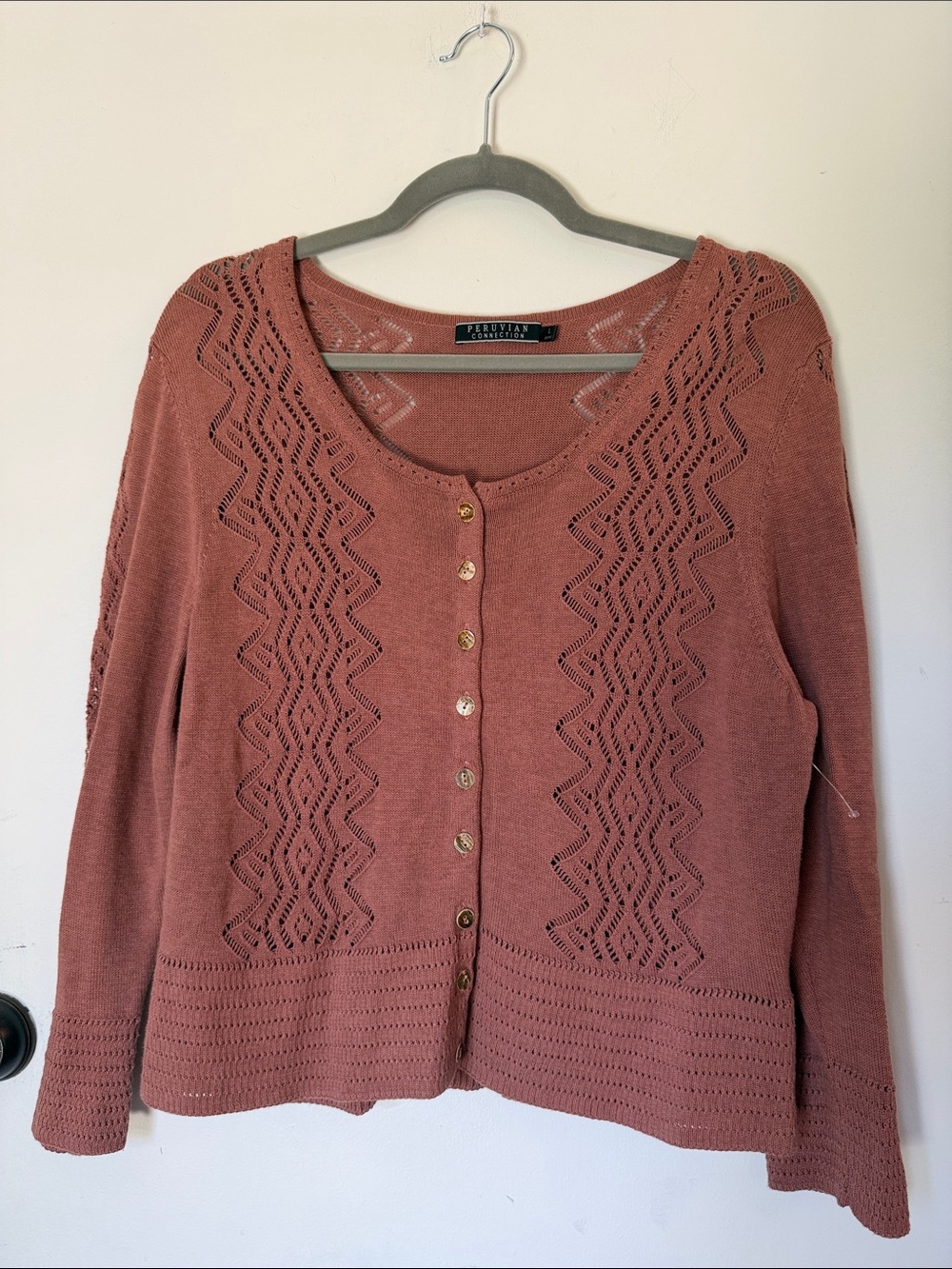 Peruvian Connection brown eyelet cardigan sweater large